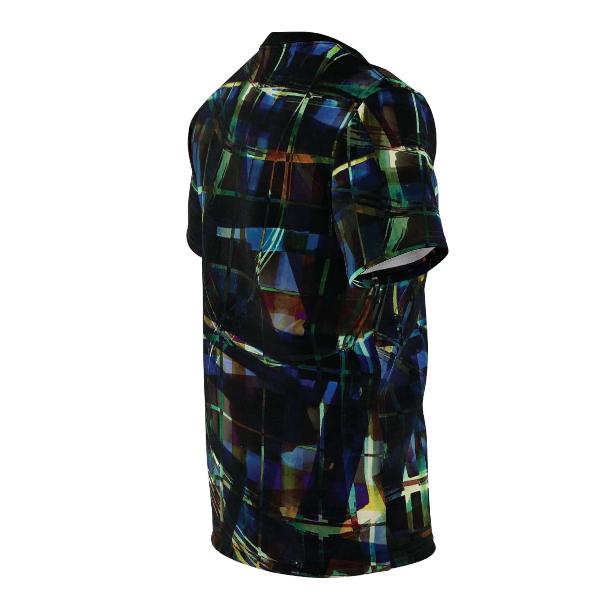 Techno Tapestry T-Shirt with neon digital matrix pattern on dark fabric, side view.