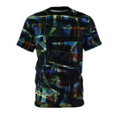 Techno Tapestry T-Shirt with neon digital matrix pattern on dark background.