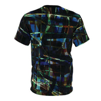 Techno Tapestry T-Shirt with colorful digital matrix pattern on dark background, back view, modern tech aesthetic.