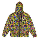 Colorful unisex zip hoodie with vibrant abstract design, featuring a hood and black drawstrings, perfect for bold urban fashion statements.