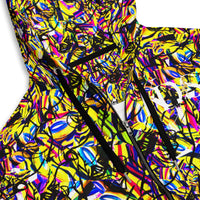 Colorful abstract print on Pop Of Style unisex zip hoodie made from recycled polyester, showcasing urban fashion with a bold design.